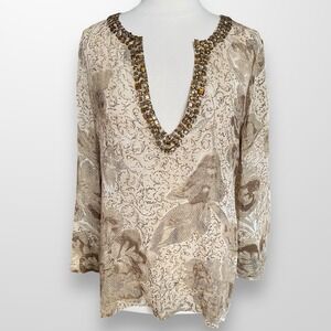 Chico's‎ Woman's Size 1 Small Tunic Top Shirt Silk Beaded Semi Sheer V-Neck